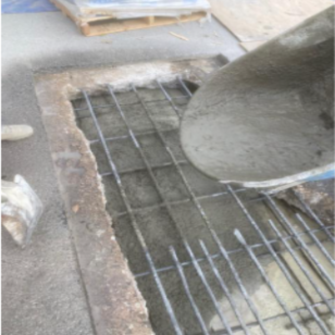 Mix was placed into deck forms, full depth. Note – SurePoxy HM was applied to the existing concrete as a Bonding Agent per MD HA Compliances for concrete repairs.